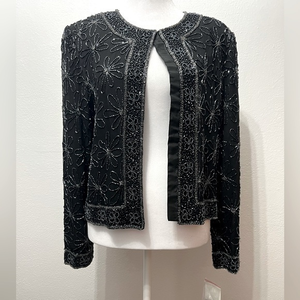 Cote d’ Azur 100% Silk Vintage (90’s) Black Daisy Pattern Beaded Hook Eye Jacket